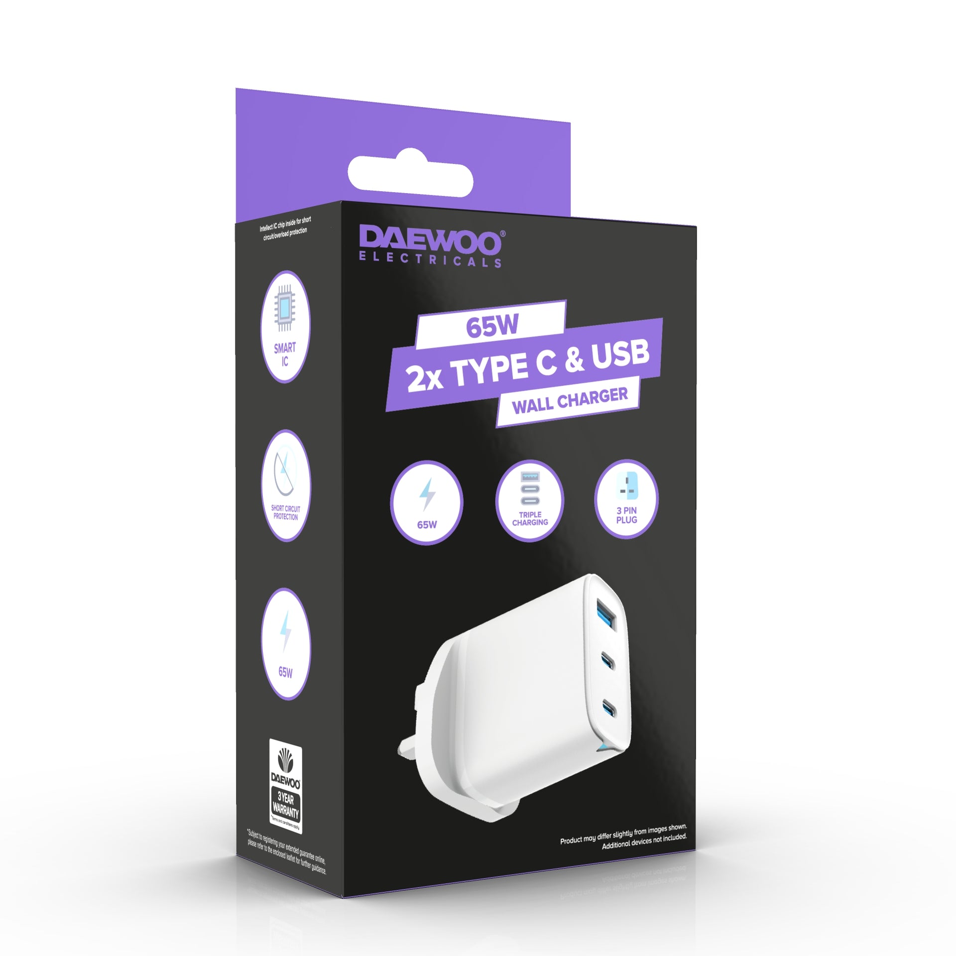 65W 2x USB C & USB Wall Charger Plug Socket Adaptor