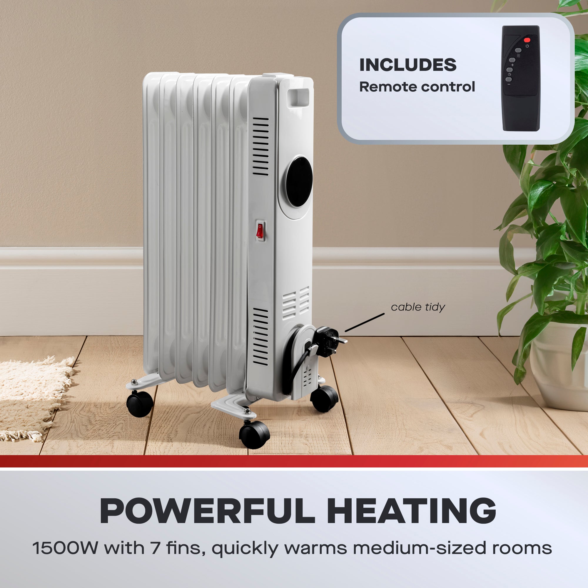 Daewoo 1500W Oil Filled Radiator with LED Display & Remote Control
