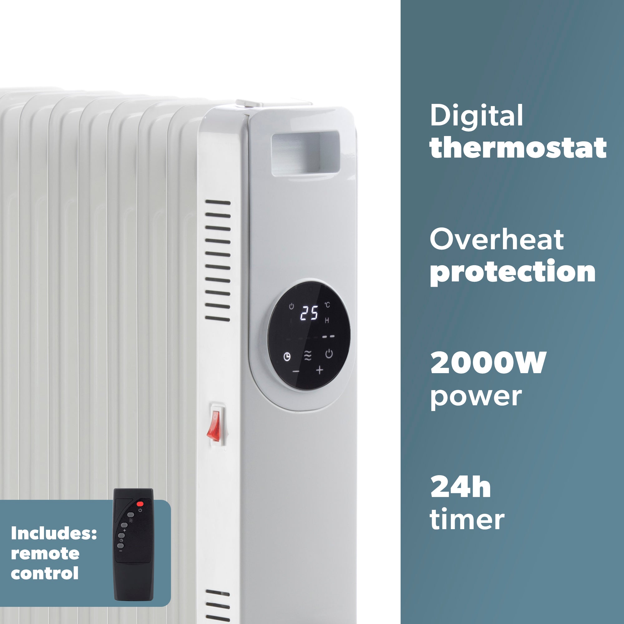 Daewoo 2000W Oil Filled Radiator with LED Display & Remote Control