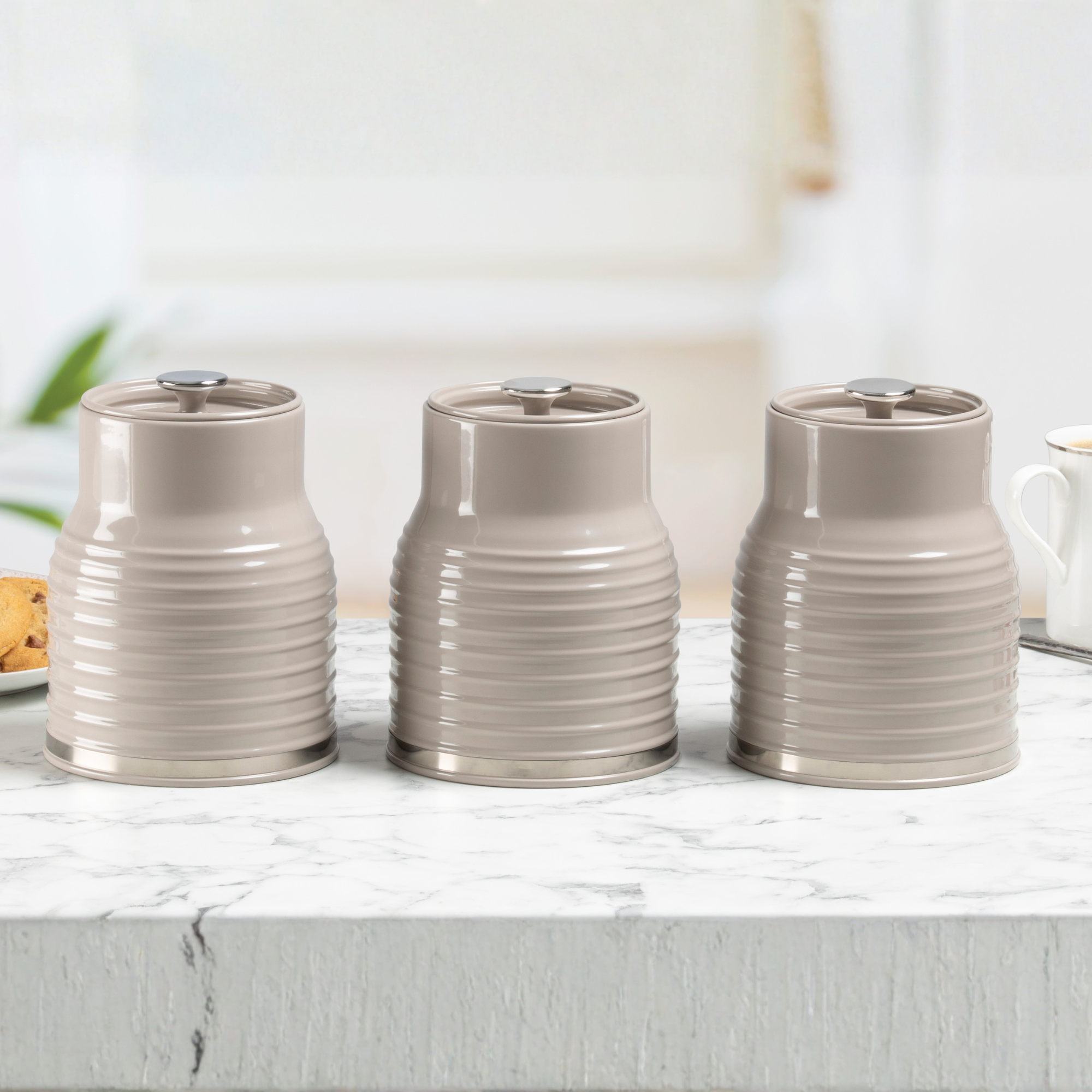 Daewoo Sienna Taupe Set Of 3 Tea, Coffee, Sugar Canisters