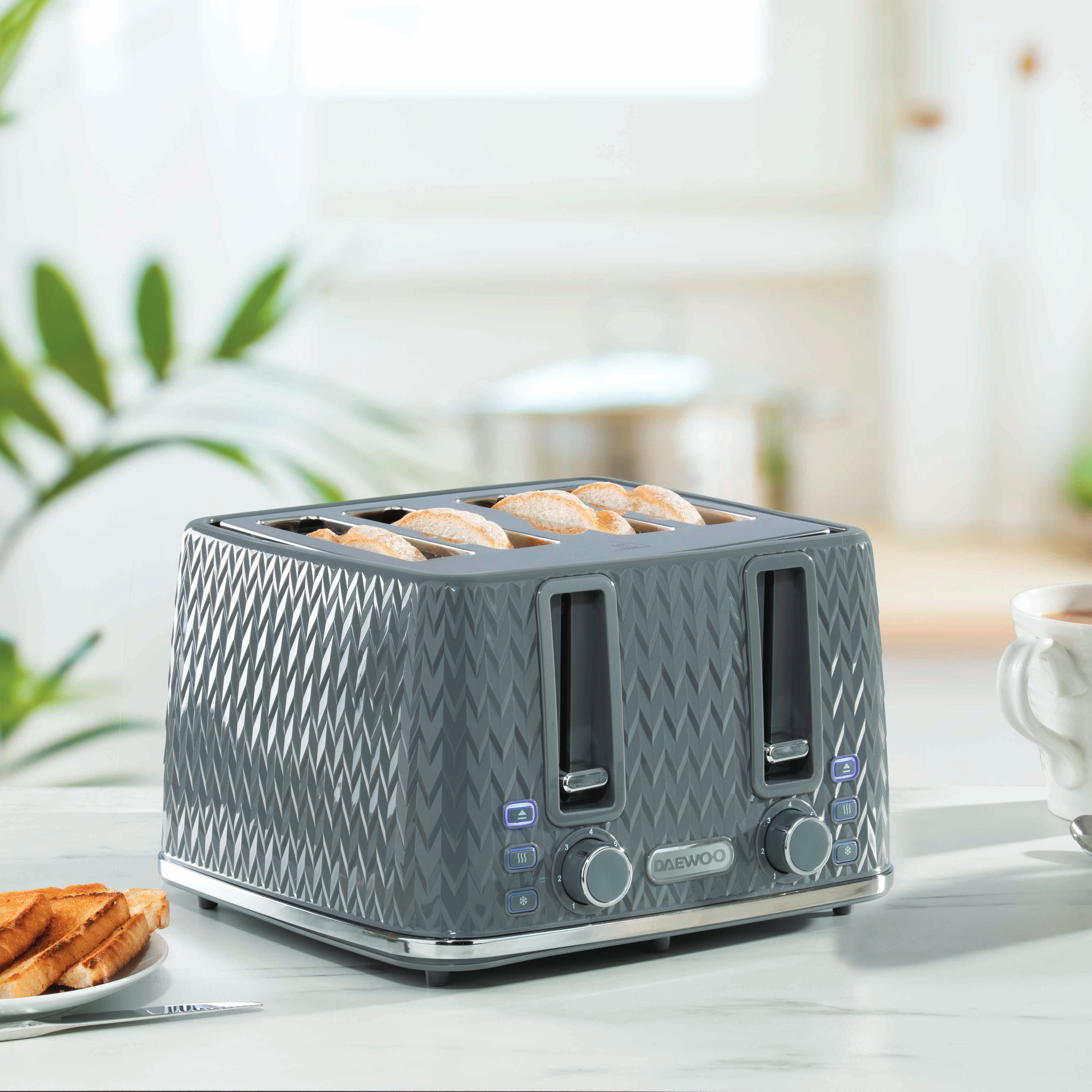 Daewoo Grey Argyle Kettle, 4 Slice Toaster & Microwave Set