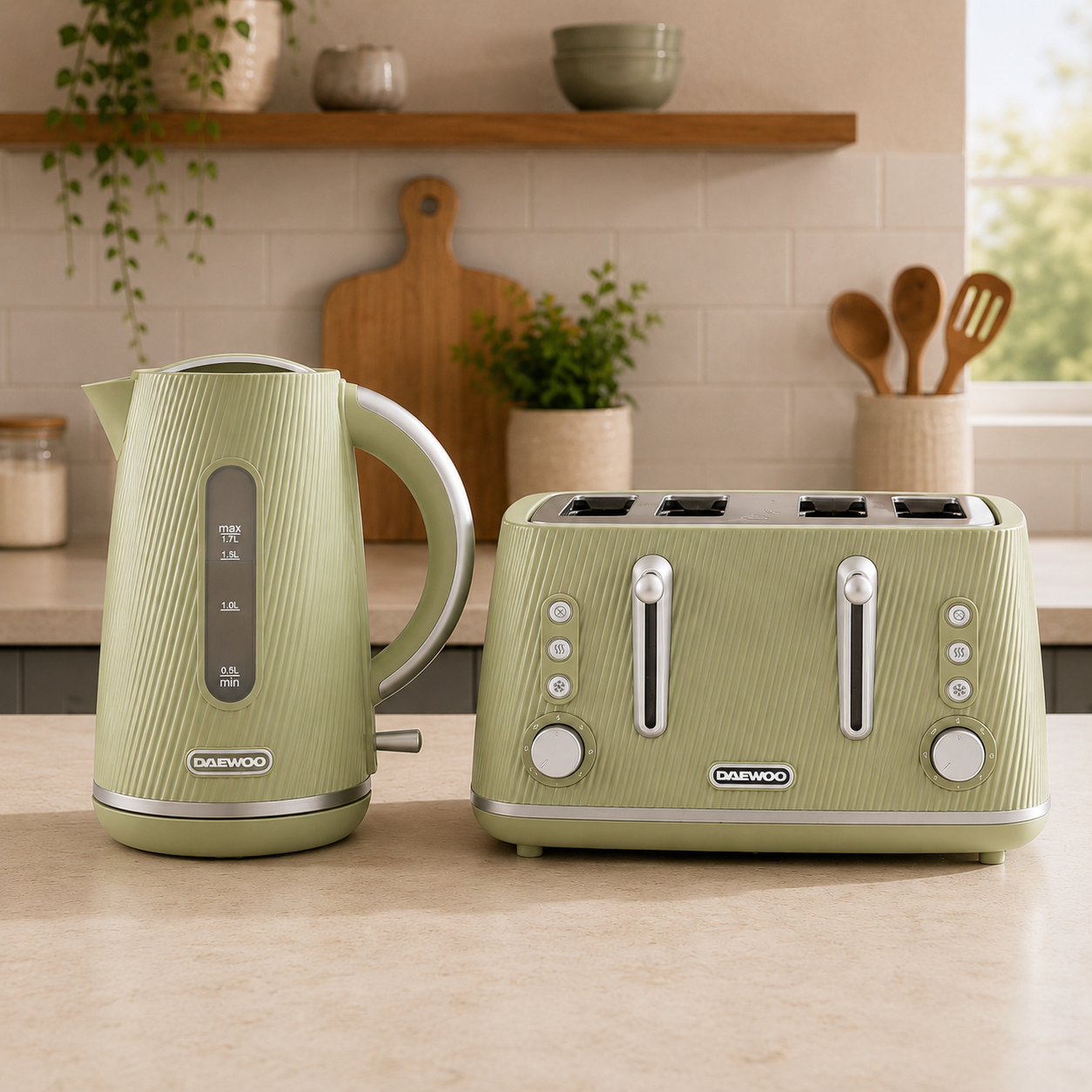 Daewoo Sage Green Cascade Jug Kettle & 4-Slice Toaster Set
