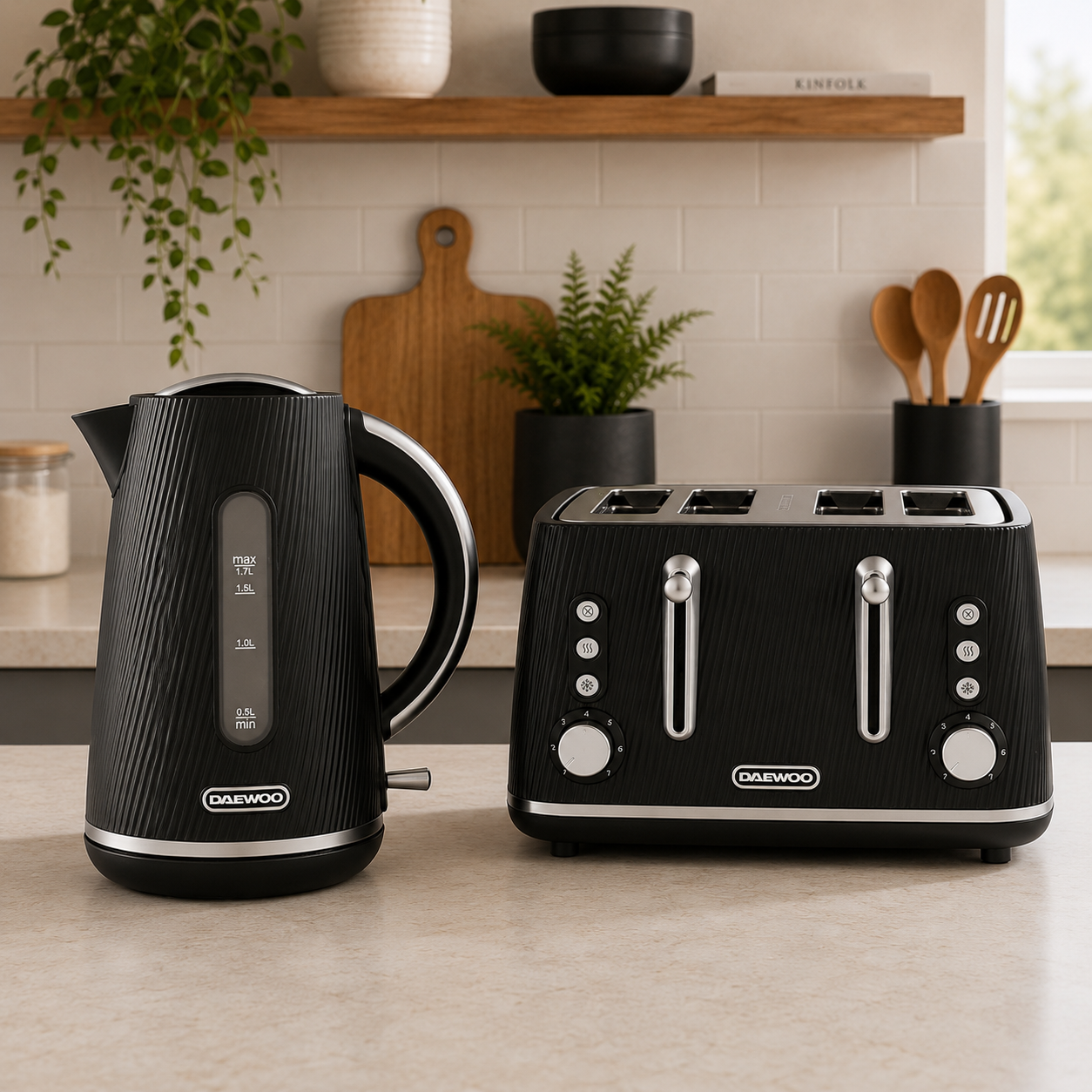 Daewoo Black Cascade Jug Kettle & 4-Slice Toaster Set