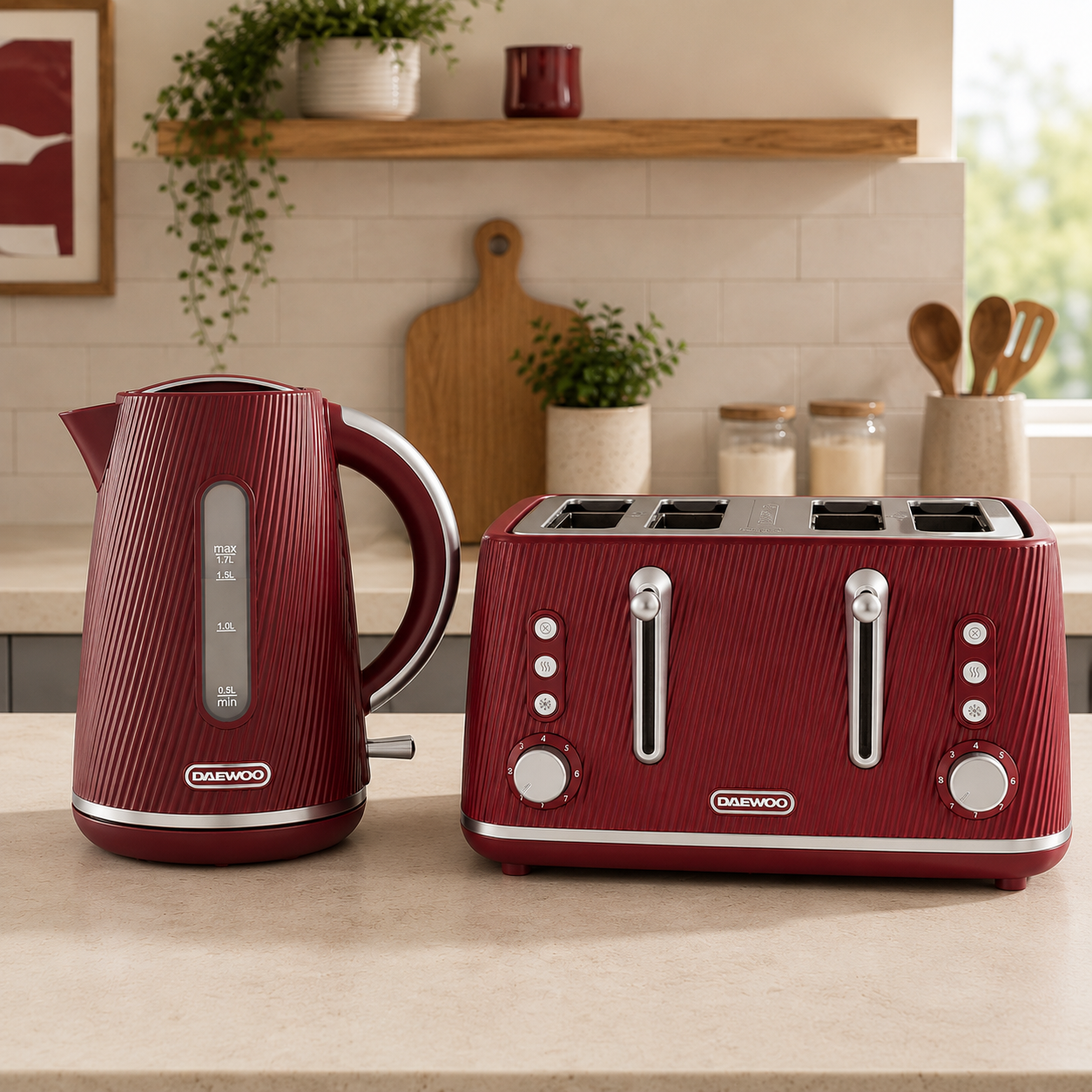 Daewoo Ruby Red Cascade Jug Kettle & 4-Slice Toaster Set