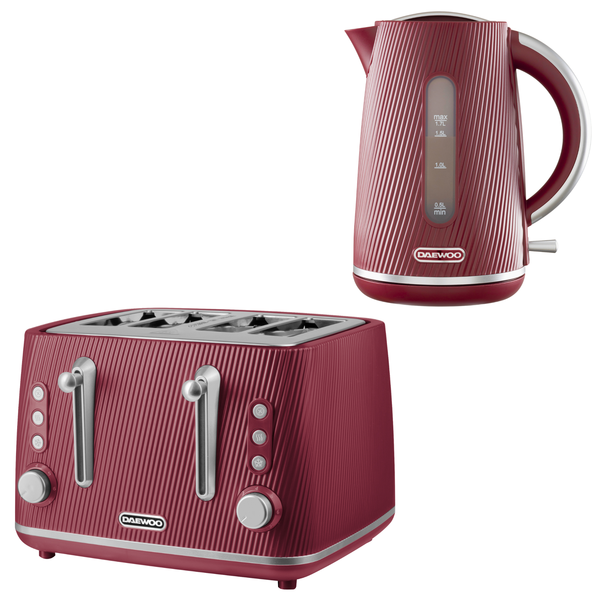 Daewoo Ruby Red Cascade Jug Kettle & 4-Slice Toaster Set
