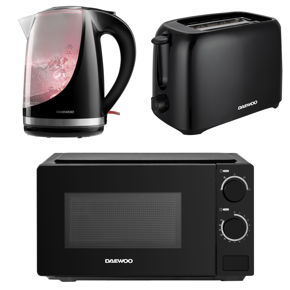 Daewoo Black Kettle, 2-Slice Toaster & Microwave Bundle