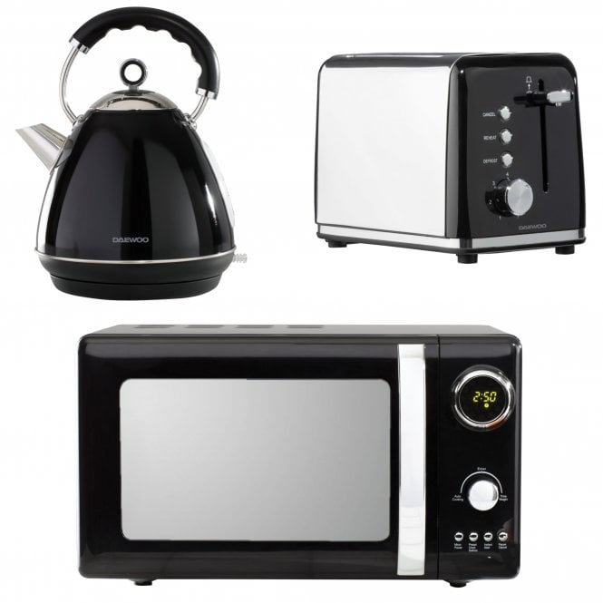 Daewoo Daewoo Black Kensington Pyramid Kettle, 2-Slice Toaster & Microwave Set