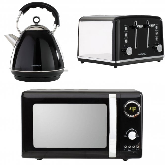 Daewoo Daewoo Black Kensington Pyramid Kettle, 4-Slice Toaster & Microwave Set