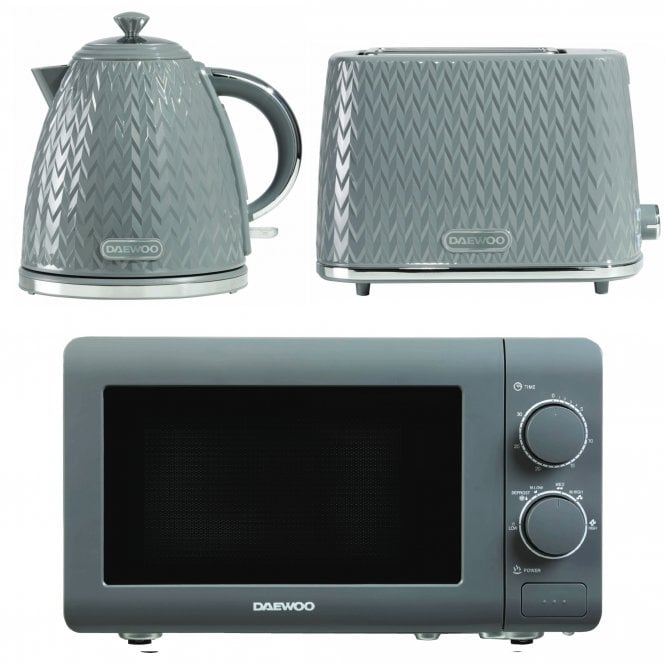 Daewoo Daewoo Grey Argyle Kettle, 2 Slice Toaster & Microwave Set