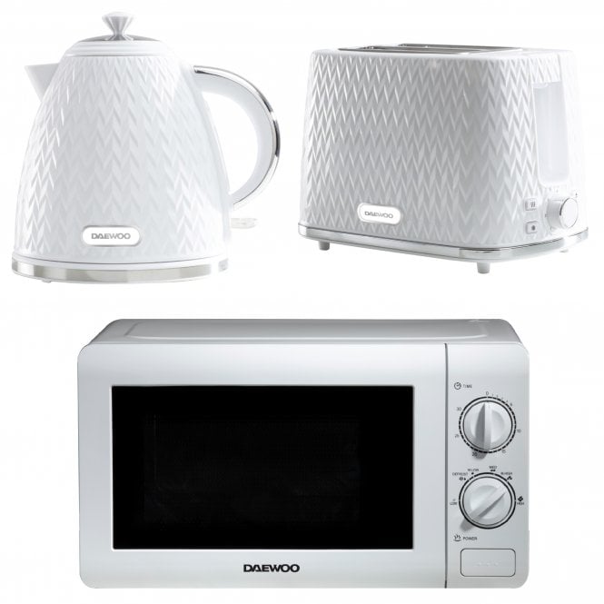 Daewoo Daewoo White Argyle Kettle, 2 Slice Toaster & Microwave Set